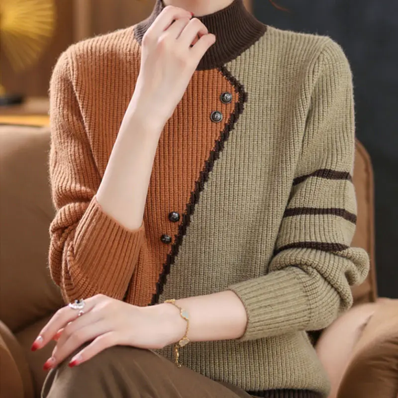 Asymmetrical Striped Button Knitted Splicing Sweaters Vintage Temperament Autumn Winter Thick Women\'s Clothing Elegant Keep Warm