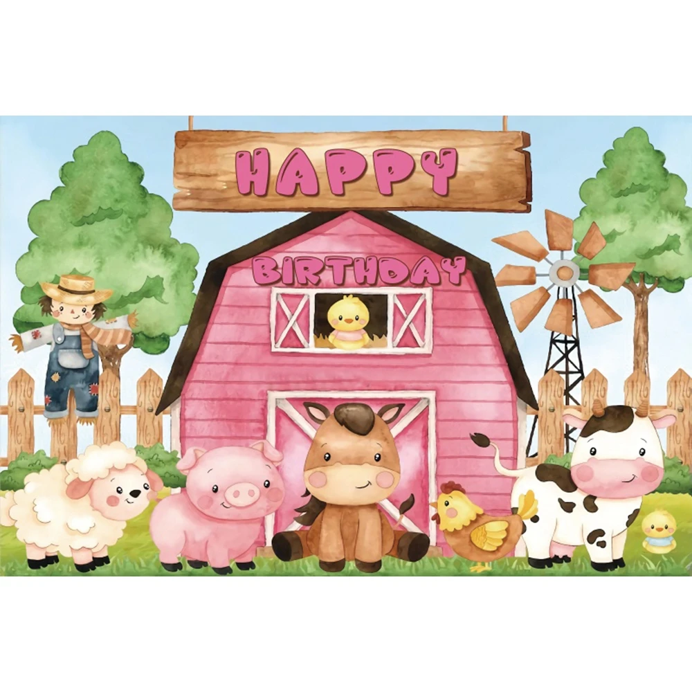 Cartoon Farm Animals Party Backdrop Windmill Wooden Fence Newborn Baby Birthday Background For Photography Decorations Banner