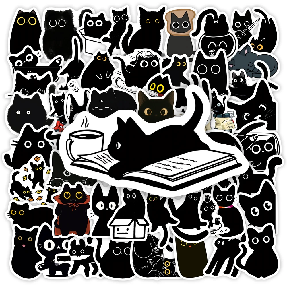 Waterproof Black Cat Cartoon Stickers Decorative DIY Decals for Scrapbook Junk Journals Laptop Phone Luggage Bottles Toys Gift