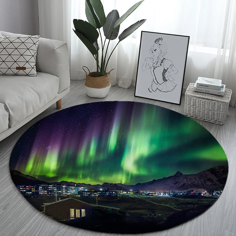 Aurora Night View Round Rug Art for the Living Room Floor Mat Bedroom Rugs Soft Carpets Home Sofa Table Decor Mat