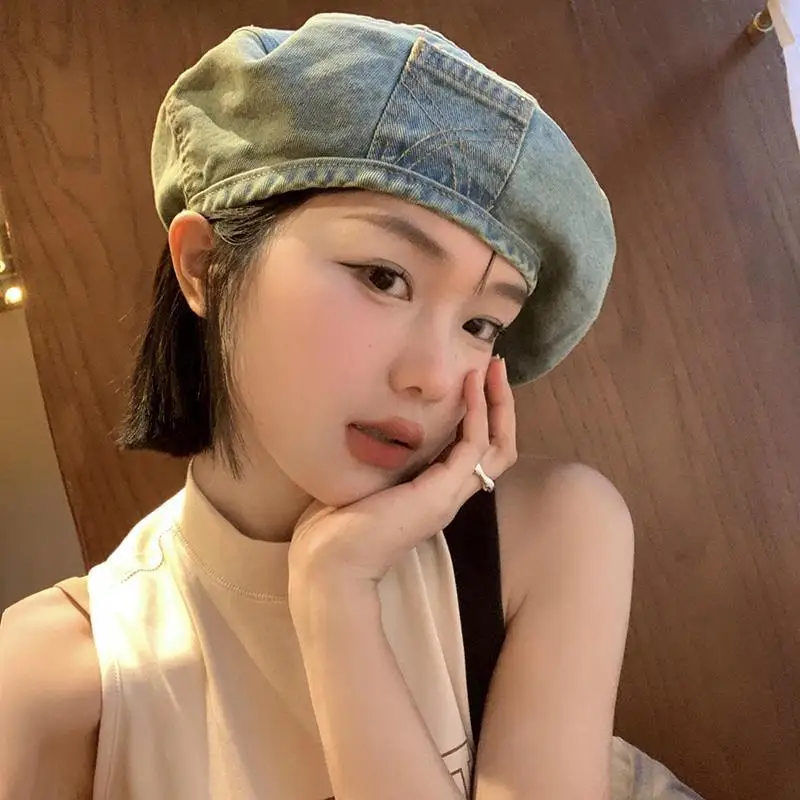 2023 Retro Denim Berets Hat Casual Autumn Shade Painter Cap Korean Solid Color Octagonal Women\'s Painter Hats