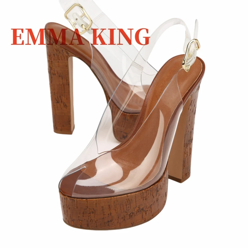 Women's Clear PVC Platform Sandals, Chunky Block Heel Ankle Strap Pumps, Sexy Peep Toe Transparent Slingback Heeled Sandals