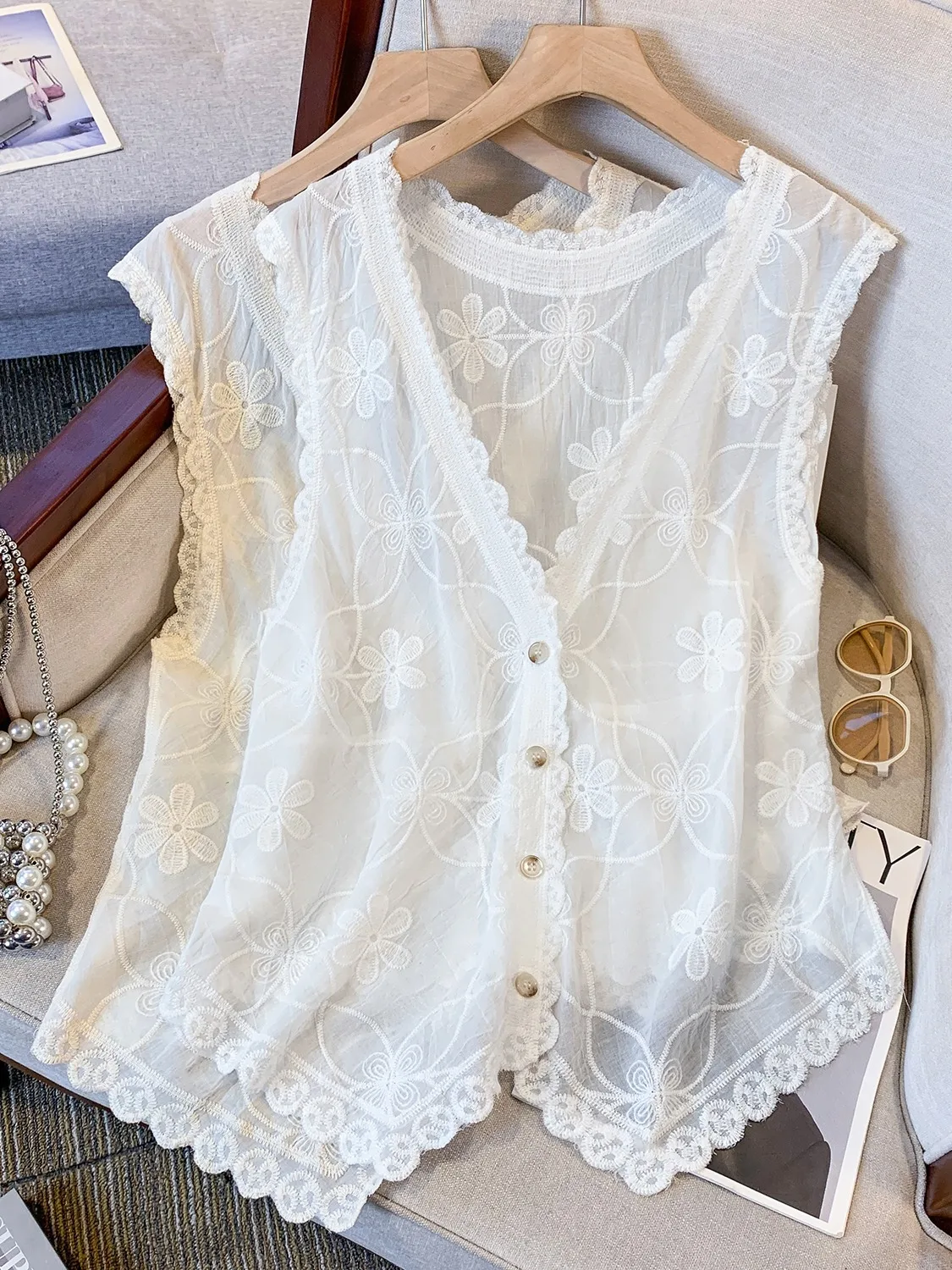 

Ele Hollow out Hook Embroidered V-Ne Women's Tank Top Thin Summer Svel Open Cardigan Sle Floral Patterned