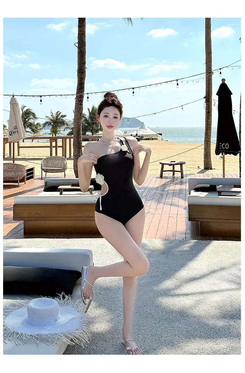 Classic Black Temperament Lace-up Triangle One-piece Swimsuit Women Summer Hollow Sexy Flower Beach Simple Vacation Swimwear