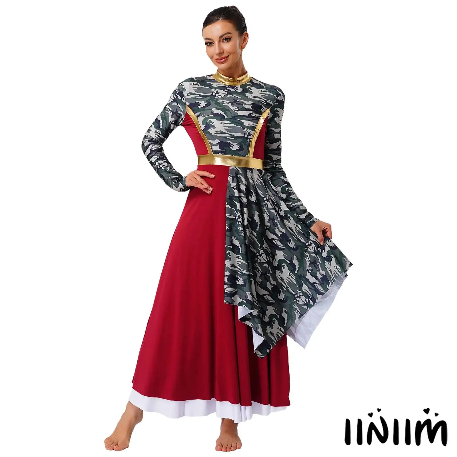 

Womens Praise Worship Dance Dress Mock Neck Long Sleeve Tunic High Waist Asymmetrical Dress Lyrical Dance Competition Clothes