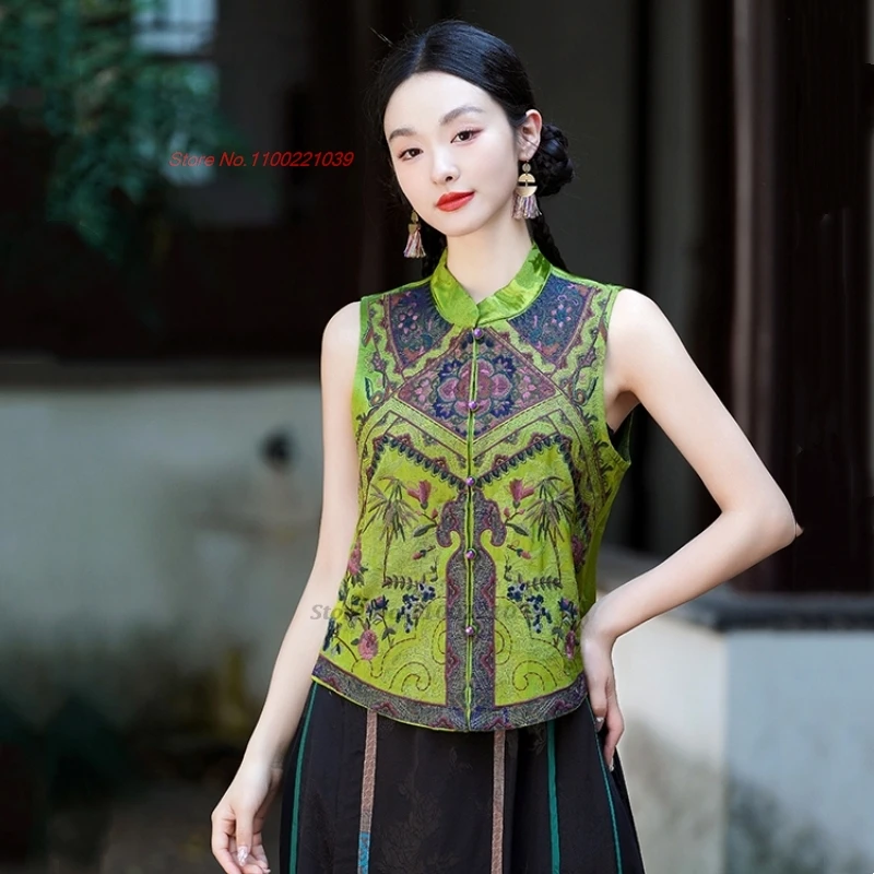 

2025 chinese vintage vest retro sleeveless jacket national flower embroidery satin jacquard stand collar vest ethnic folk vest
