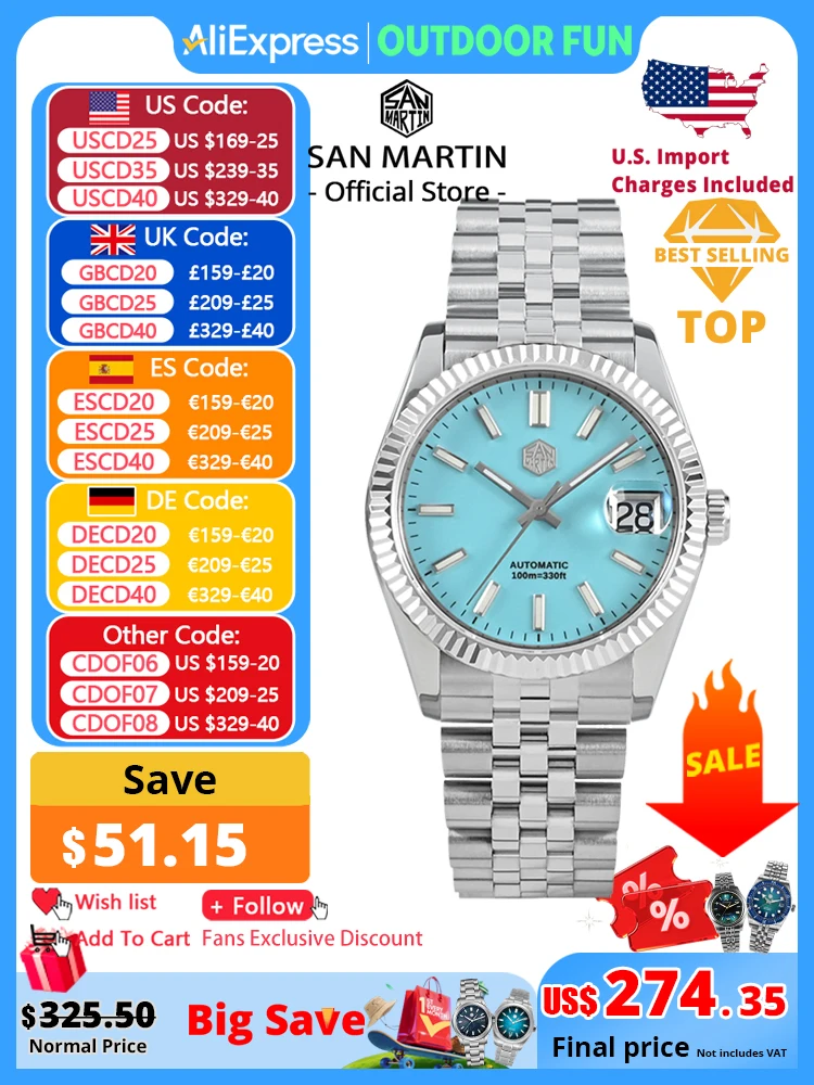 

San Martin 36,5 мм мужские деловые часы лучший бренд класса люкс автоматические механические модные часы для пар сапфировые водонепроницаемые 100 м BGW9