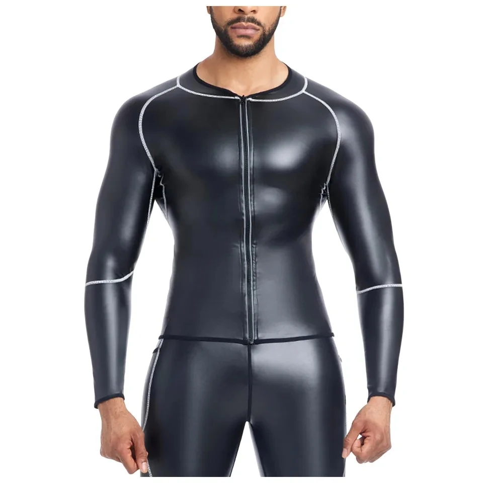 Men's Pu Leather T Shirts Wet Look Zipper Undershirt Black Faux Leather Long Sleeve Tops Sports Fitness Tops Party Clubwear
