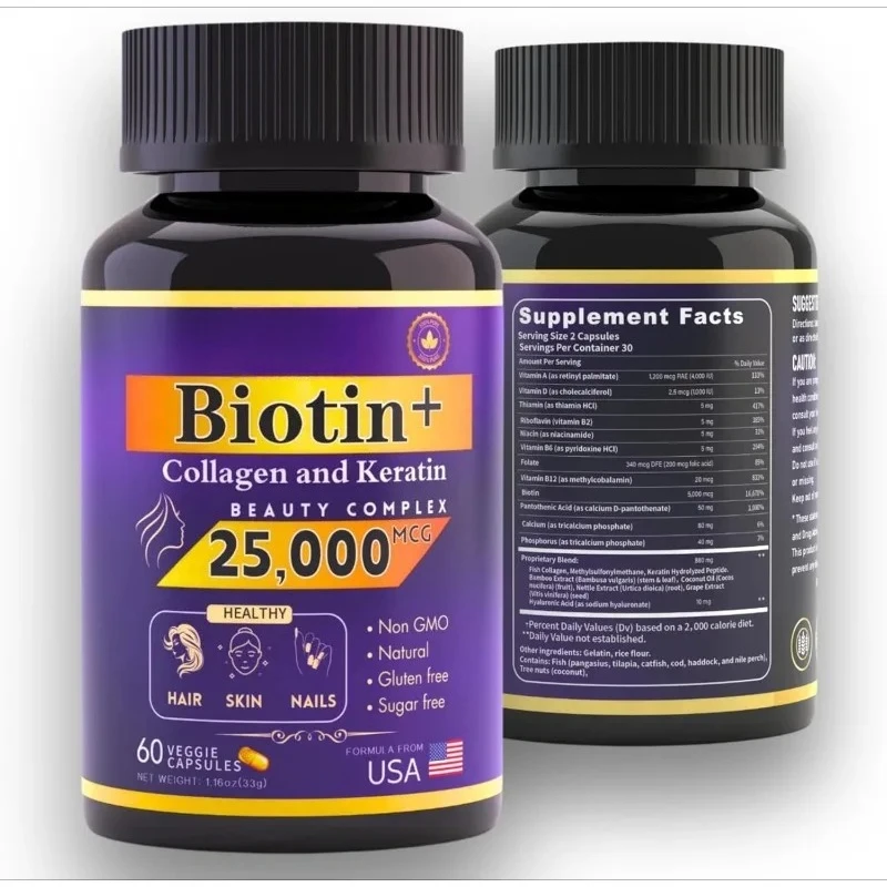 

Biotin, collagen, and keratin complex 25000 micrograms, containing hyaluronic acid and B vitamins -60 beauty capsules