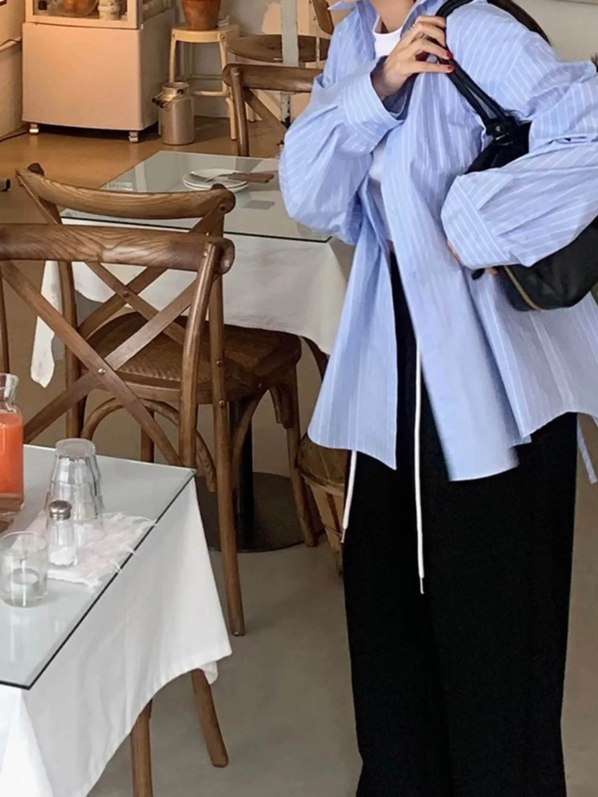 Damen Loose Fit Gestreifter Irt mit Gürtel, hinterer Schlitz, Vintage-Kragen, lang, Sve, Bürokleidung, lässiges Sle-Polyester-Material