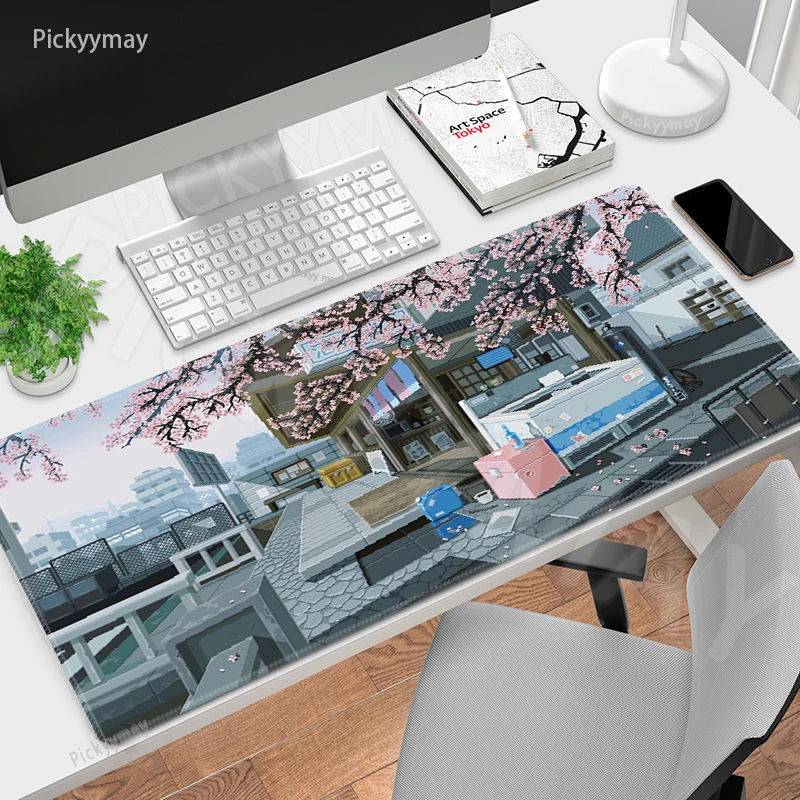 PC Gamer Mousepad Pixel Art Mouse Pad Office Large Mouse Mat Rubber Deskpads XXL Desk Mats Street Scenery Mousepads 900x400mm