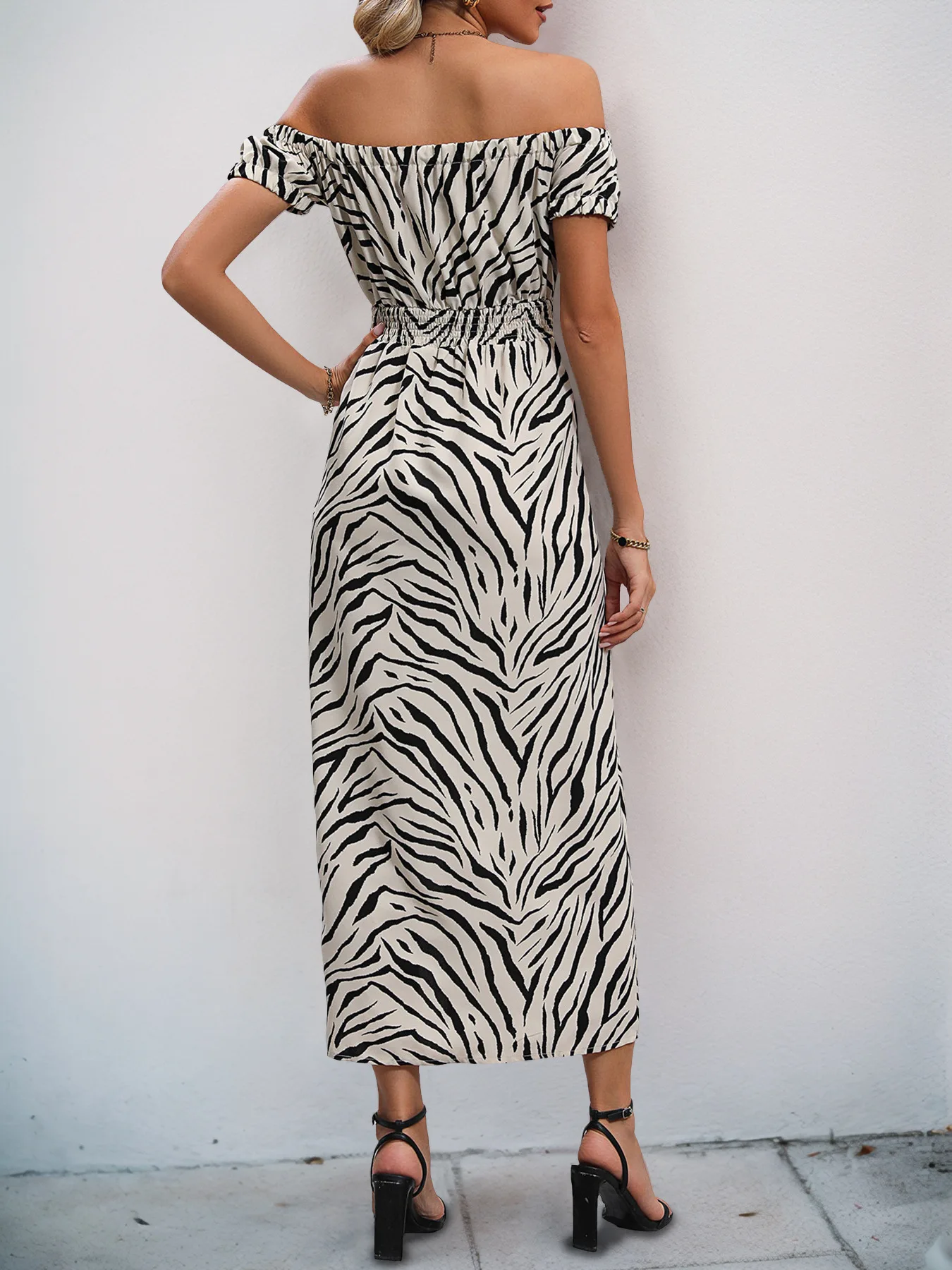 فستان نسائي عصري موديل 2025 بطباعة حمار وحشي متوسط الطول فستان غير رسمي بياقة واحدة مكشوف الأكتاف وأكمام قصيرة وفتحة عالية الخصر #6