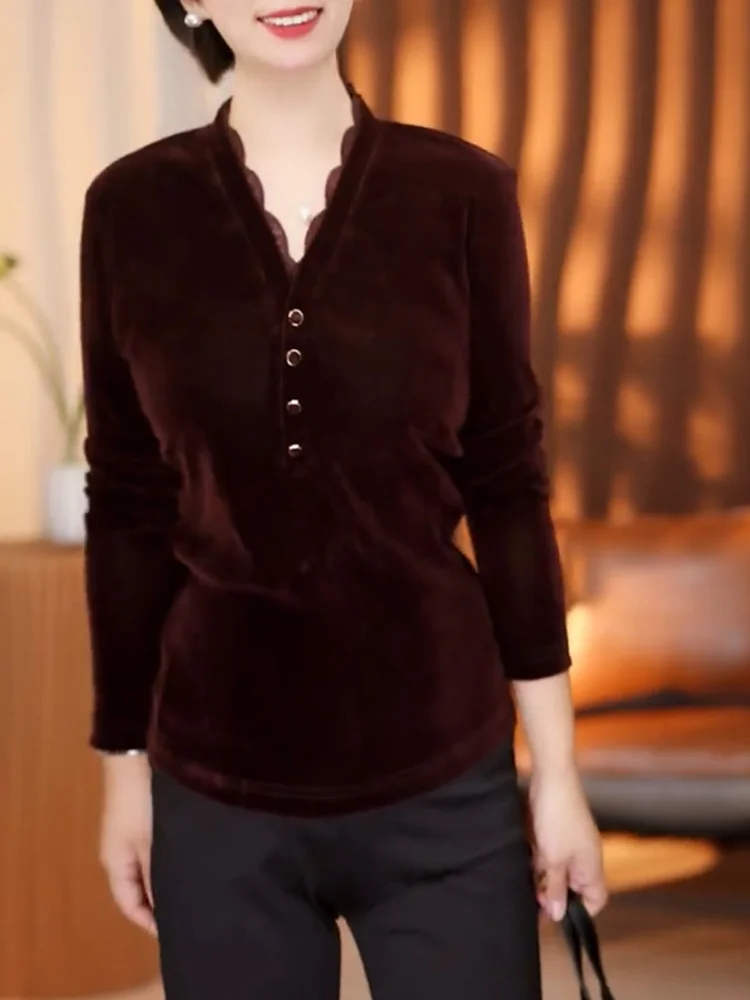 

Корейский бархатный топ с V-образным вырезом и пэчворком, большие размеры, осенняя новинка, модный, стройнящий, универсальный, с длинным рукавом, женская внутренняя одежда/рубашка