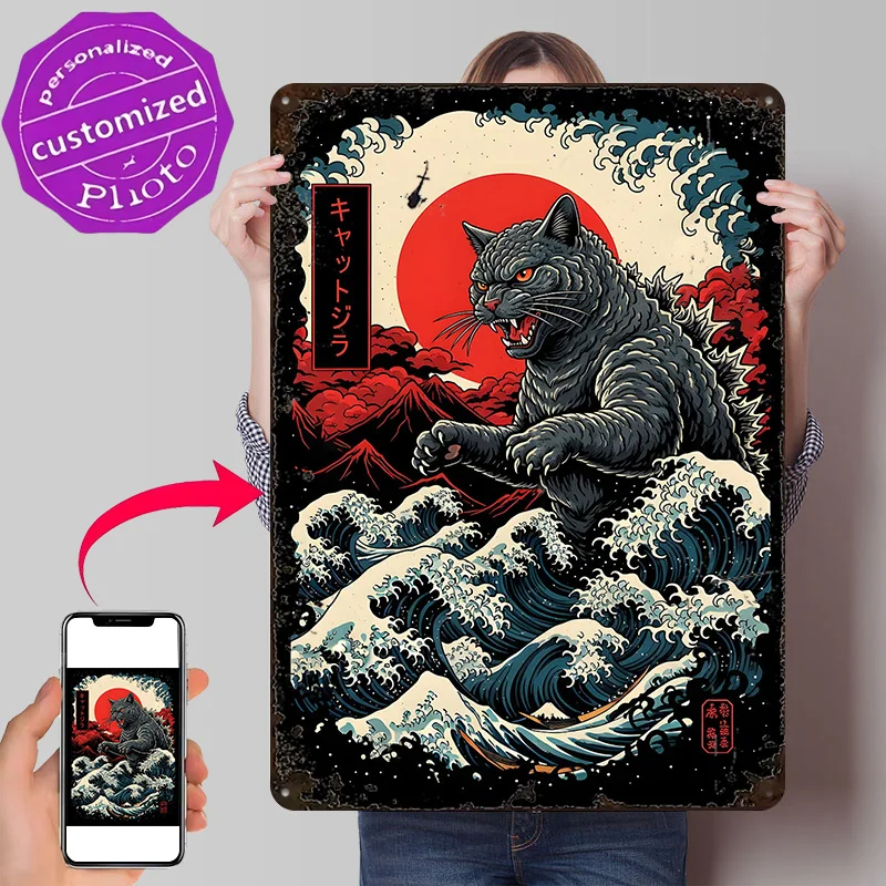 Funny Catzilla Ukiyo-e Style Japanese Art Metal Poster Perfect Gift for Fans Lovers Customized Wall Art Metal Sign for House