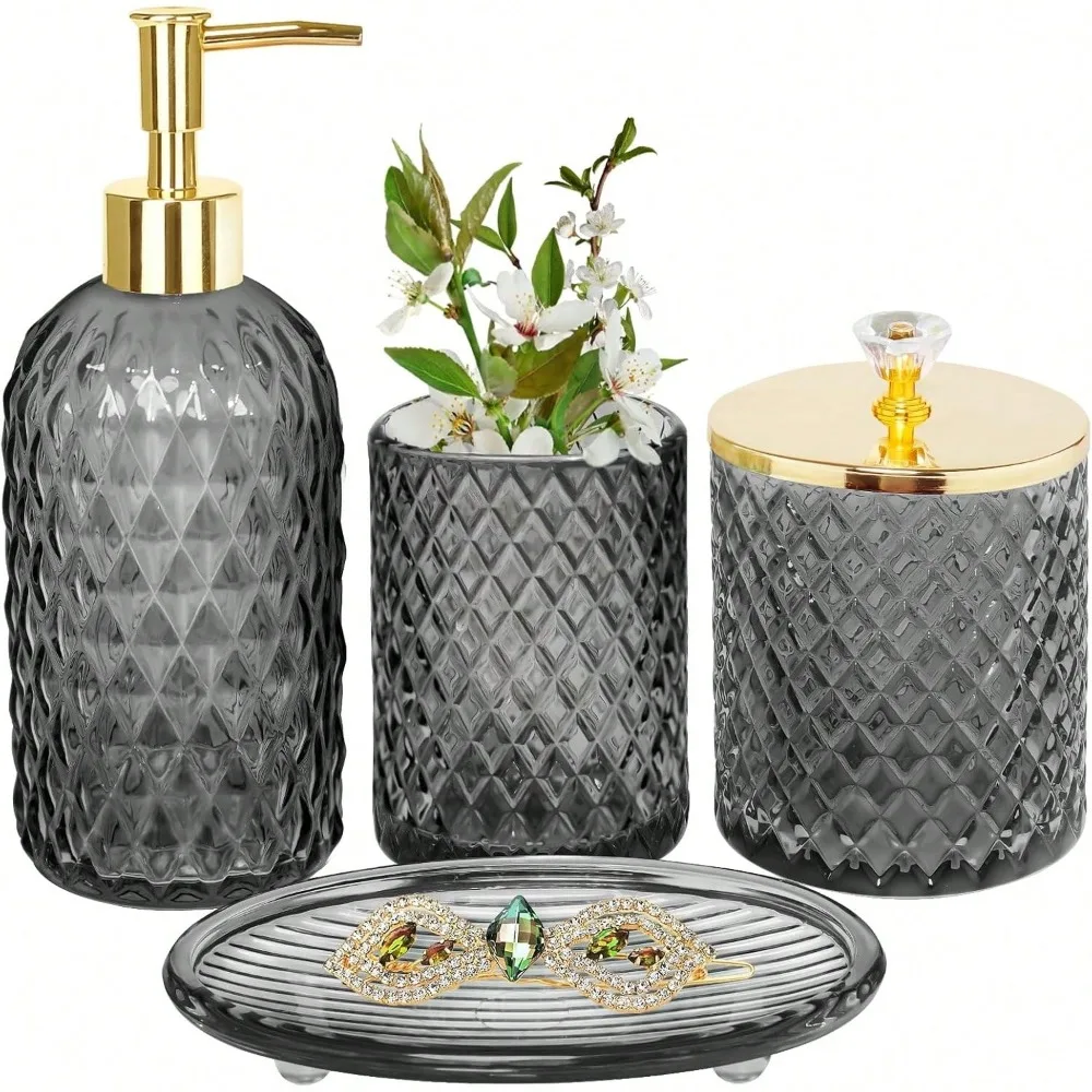 

Bathroom Accessories Set, 4-Piece - Lotion Soap Dispenser, Toothbrush Holder, Cotton Swab Jar & Soap Dish