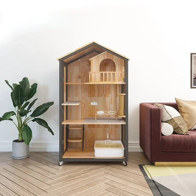 

Клетка для кошек, вилла, высококачественная роскошная трехслойная большая домашняя питомница из цельного дерева, кошачий домик, витрина для кошек с фаской