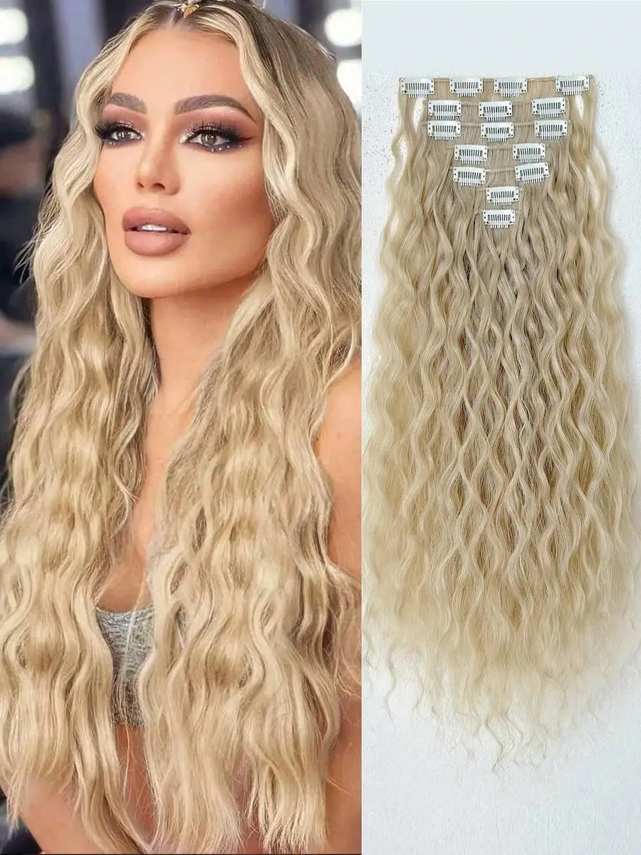 

Clip In Hair Extensions Brown Color 16 CLips 24 Inch Long Water Wave Hair Extension For Girl Women Full Head Synthetic Hair