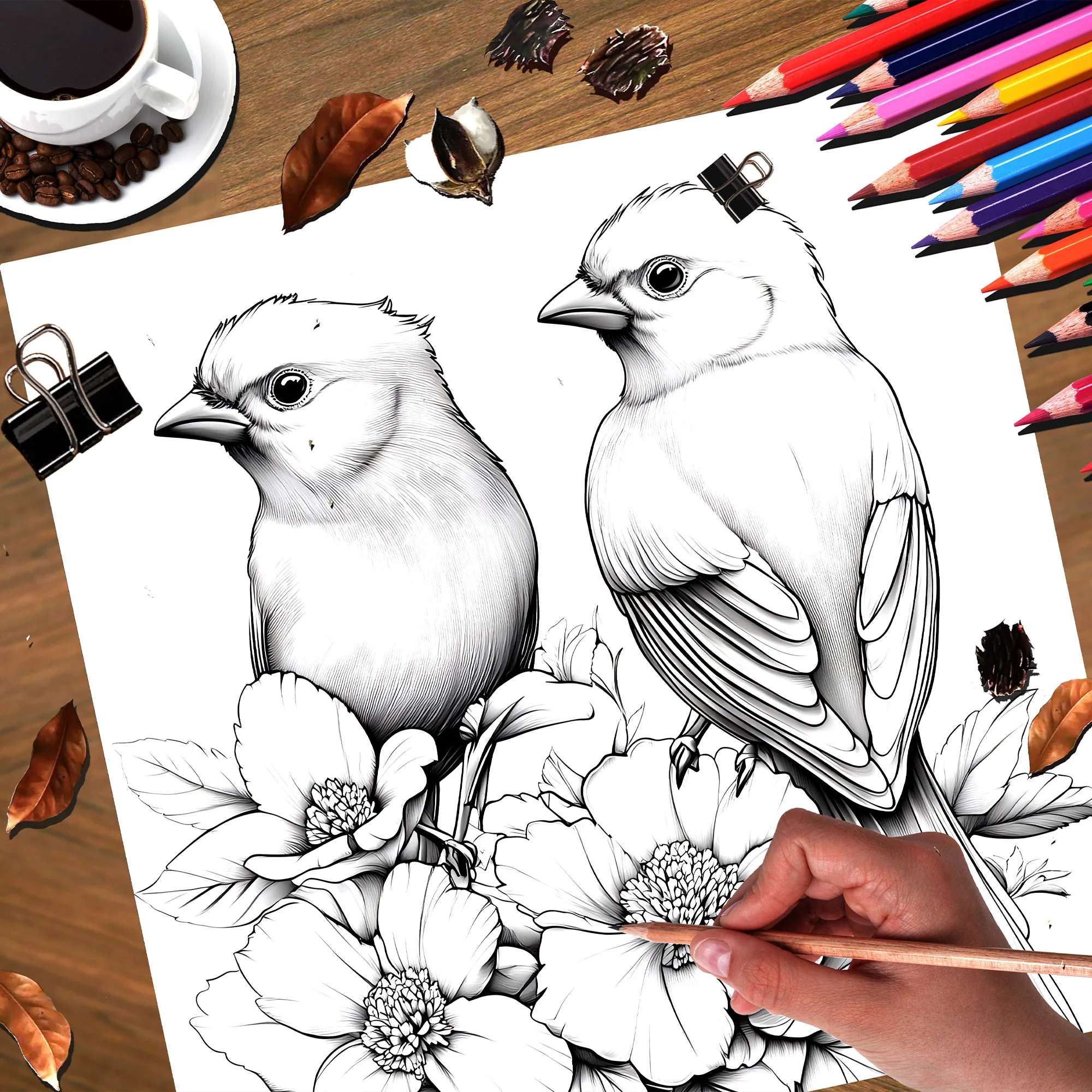 花と鳥の塗り絵,大人の絵本,オリジナルデザイン