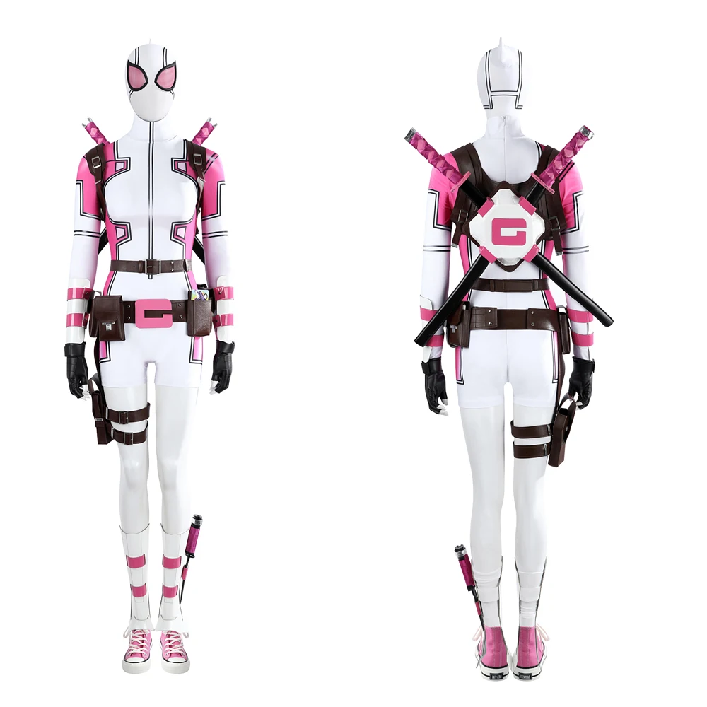 Sexy Gwenpool Gwen Poole Cosplay Fort Pink Ghost Costume High Quality Leather Jumpsuit Shoes Props Mask Set Party Woman