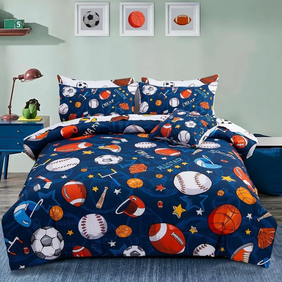 

6Pcs Bed in A Bag Queen Sports Microfiber Modern Comforter Set,Navy Rugby Ball Printed Bedding Collections,for Boys Kids Teen