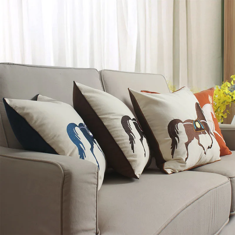 

Velvet Fabric Embroidery Horse Modern Style Home Sofa Cushion Cover Pillowcase Without Core Living Room Bedroom Cushion 45cm