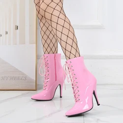 Lady Sexy Pink Mirror Fetish Ankle Boots T Show Pointy Toe Club Party Shoes Thin High Heels Laces Boots For Women