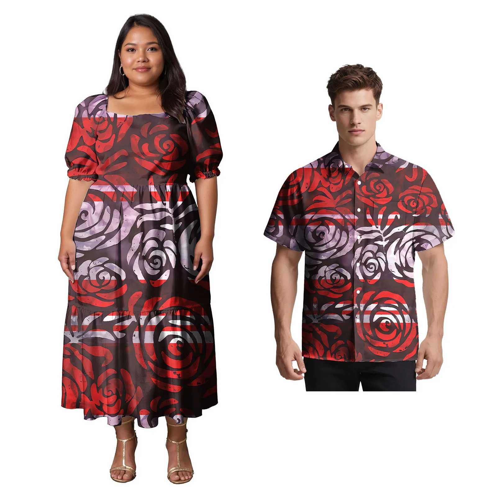 Süße Liebhaber Kleidung Benutzerdefinierte Polynesian Männer Umlegekragen Hemd Aloha Frauen Einfachheit Langes Kleid Samoan Passendes Paar Set