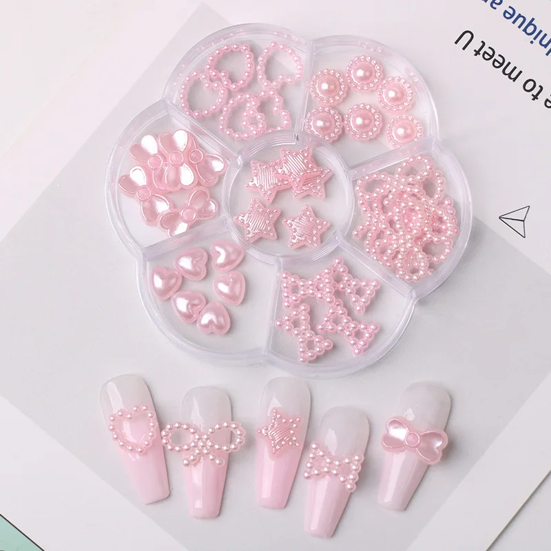 Ins Trendy Boxed White Pink Pearl Hollow Bow Knot Heart Five Point Star Resin DIY Nail Art Decor Accessories New Year Supplies