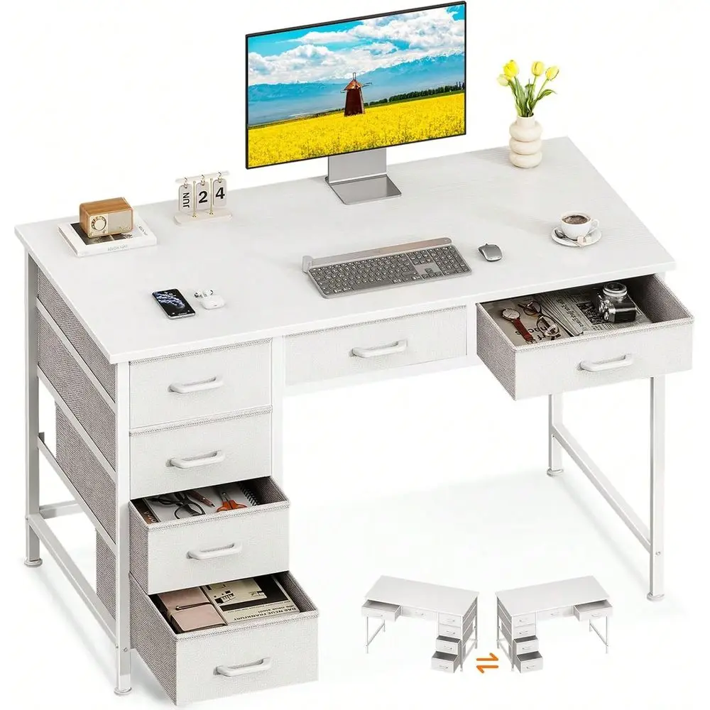 

Desk With 6 Drawers, 40 Inch Small Desk With Storage, Reversible Desk For Home Office, Work Study Table For Bedroom, White