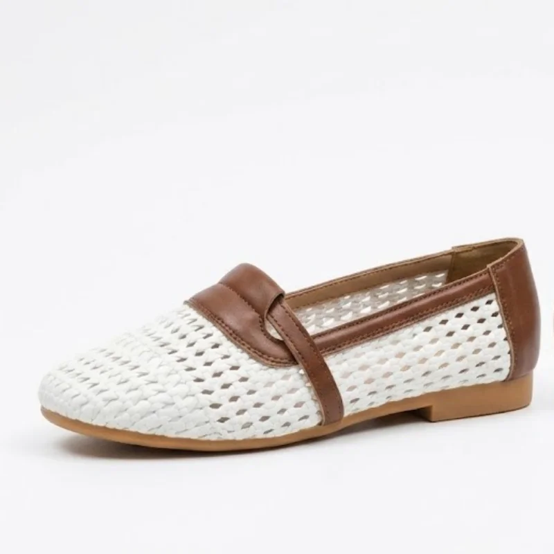 

Women's Woven Loafers Summer Breathable Hollow-out Flats Vintage Brown White Slip-on Shoes Office Chic Soft Walking Shoes