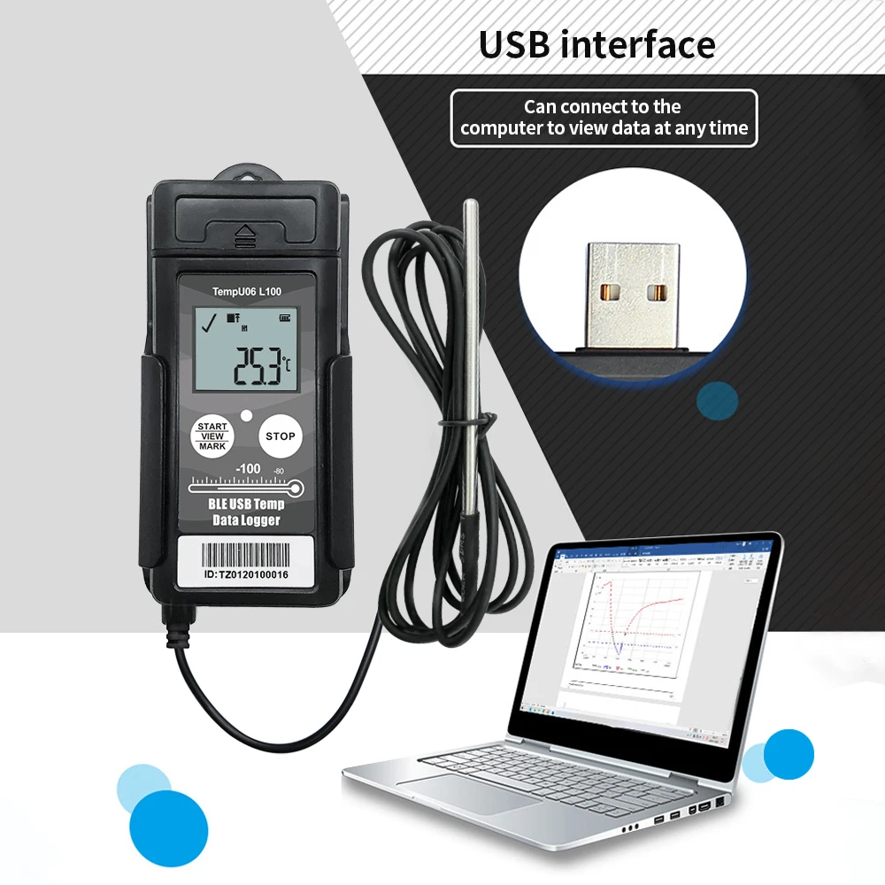 TempU06 Ultra Low Temperature Logger 32000 Points With External Temperature Probe Bluetooth USB Temperature Data Logger Recorder