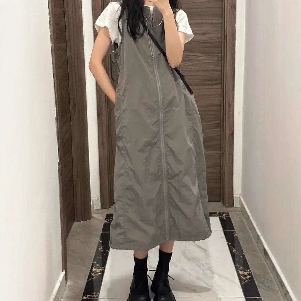 

American Gray Workwear Functional Style Vest Dress for Women, Design Zipper Dress, Fat Plus Size Slimming Suspender Skirt
