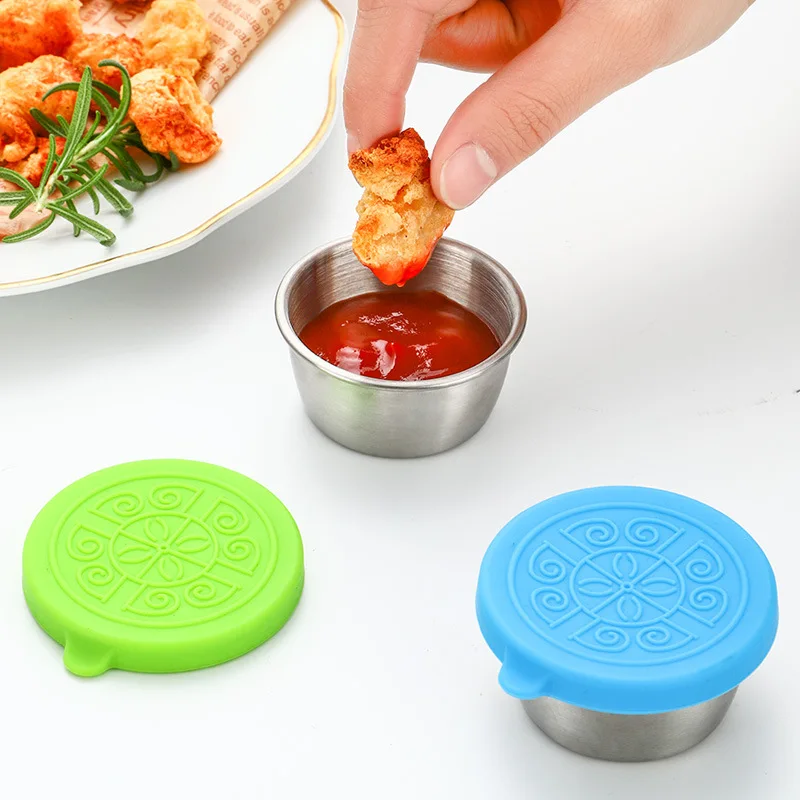 40ml 304 Stainless Steel Sauce Cup with Lid Sauce Cup Silicone Lid Leak Proof Salad Tomato Sauce Instant Seasoning Dish