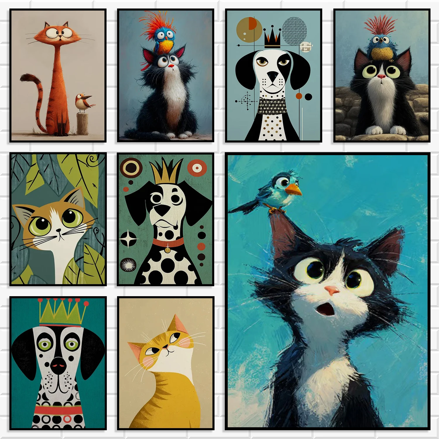 Whimsical Cartoon Cat Dog Pet Canvas Painting Funny Animal Wall Posters Prints Nordic Style Children Kids Room Home Wall Decor