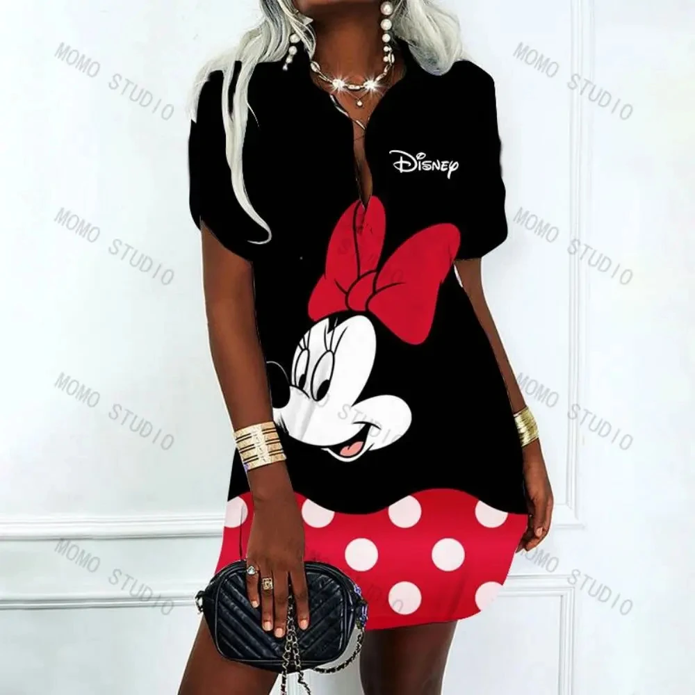 Vestido feminino Minnie Mouse V-Neck Polo Camisas, Moda Coreana, Vestidos Sexy de Verão, Mulheres Mickey, Disney, Oferta, Y2k, 2024