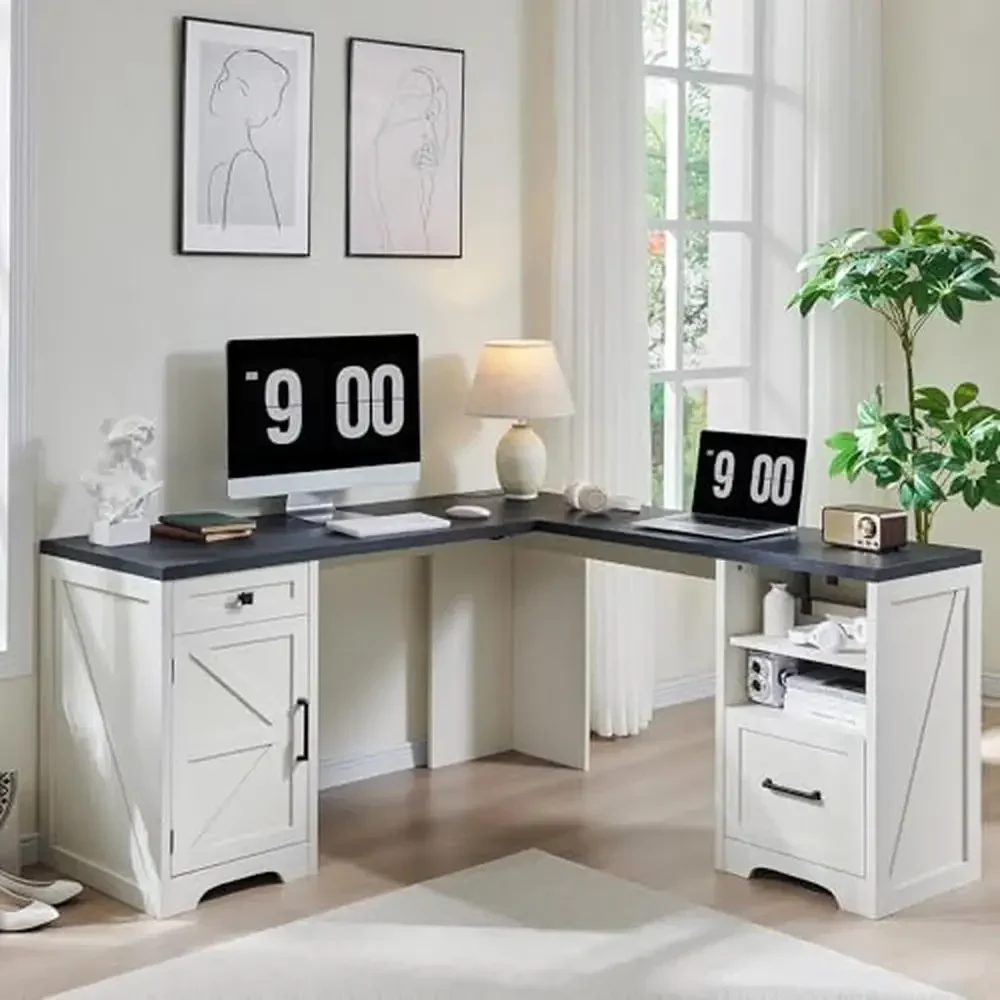 Corner Computer Desk File Drawer Charging Station Huge Workspace Home Office Study Writing Desk Solid Wood White Pale Modern