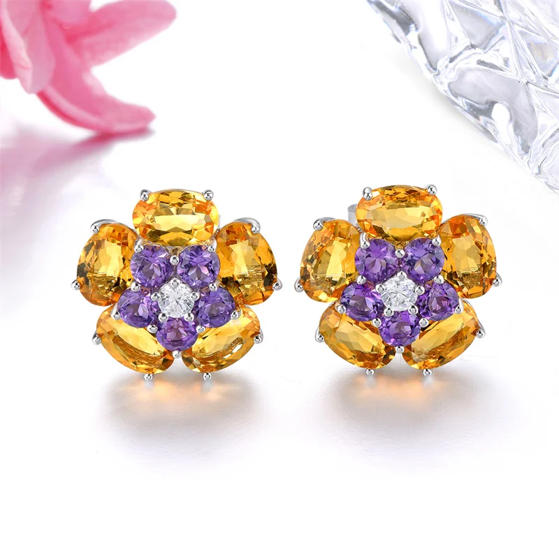 Natural Citrine Amethyst Sterling Silver Stud Earring 5.5 Carats Genuine Multicolor Gemstone Women Jewelry Gifts