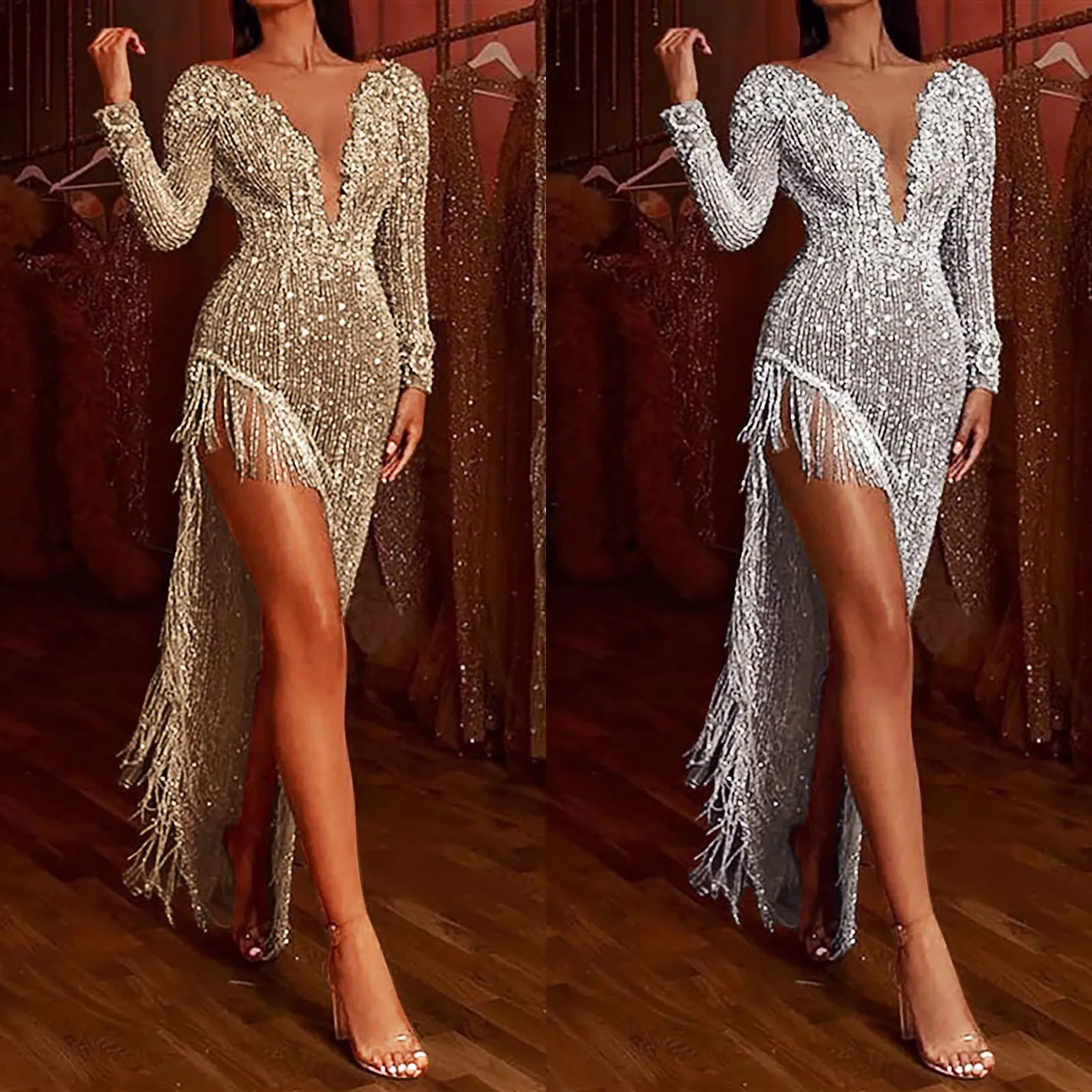 Cocktail Party Evening Women'S Dress Vestidos Tassel Bead Deep V Long Sleeve Side Slit Sexy Female Elegant Formal Dresses