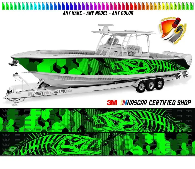 Camo Lime Green Seabass Graphic Boat Vinyl Wrap Decal Fishing Bass Pontoon Decal Bowriders Deck Watercraft Any Model Boat