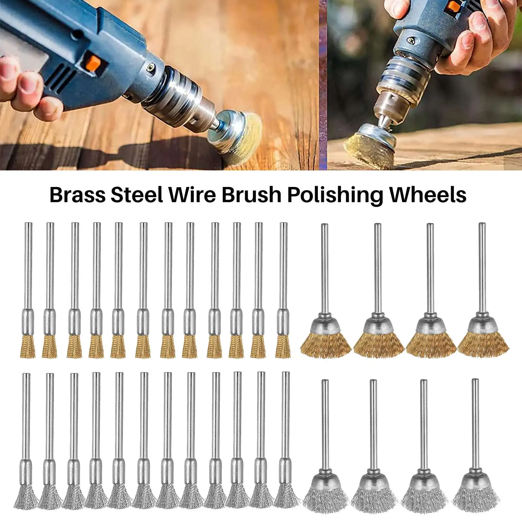 Qualität! 44-teiliges Mini-Drahtbürsten-Radbecher-Set aus Messing, Stahldrahtbürsten, 1/8 Zoll (3 mm), Schaft für Power Dremel Rotationswerkzeuge, polnisch