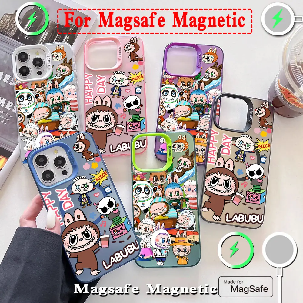 Cartoon Cute Lovely Labubu Magsafe Magnetic Phone Case for IPhone 11 12 13 14 15 16 Pro Max Plus Lens Creative Plated Cover