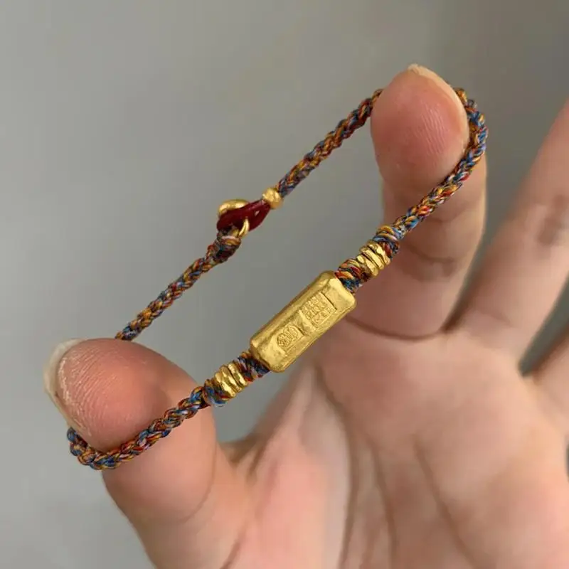Handmade Lucky Multicolor Braided Bracelet Gourd/Gold Bar Pendant Woven Cord Wristband, Ethnic Jewelry Gift