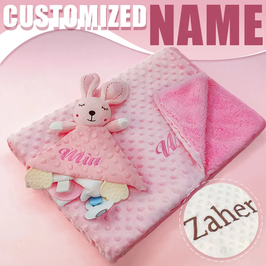 Personalized Baby Name Baby Security Blanket Newborn Blankets Comforter Tags Rattles Baby Wrap Blanket Set Gift