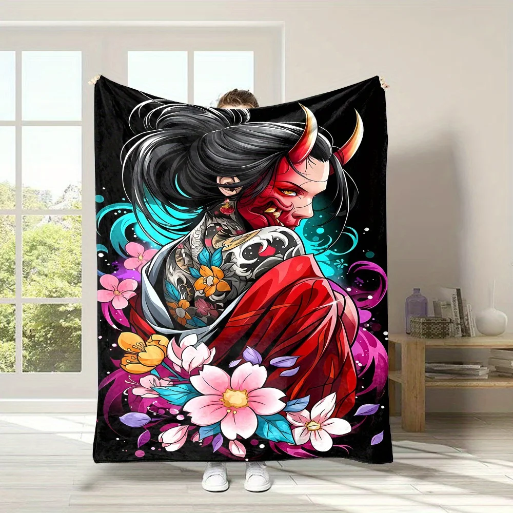 Geisha black art pattern Flannel printed blanket suitable for all seasons suitable for living room office sofa and travel