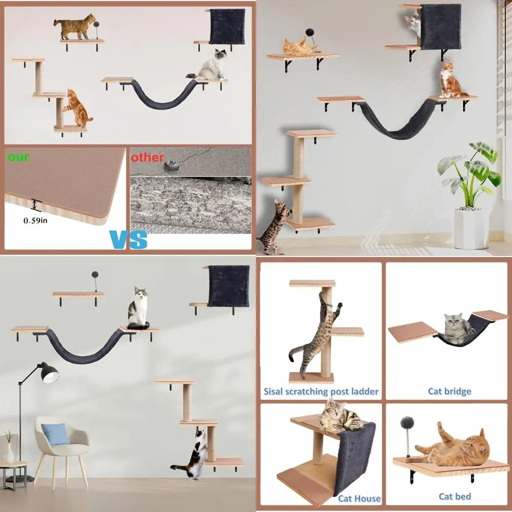 

Wooden Cat Wall Climbing Set with Scratching Post, Hammock, Jumping Boards, Steps, and Felt Pads for Cats to Climb, Jump, Nap, a
