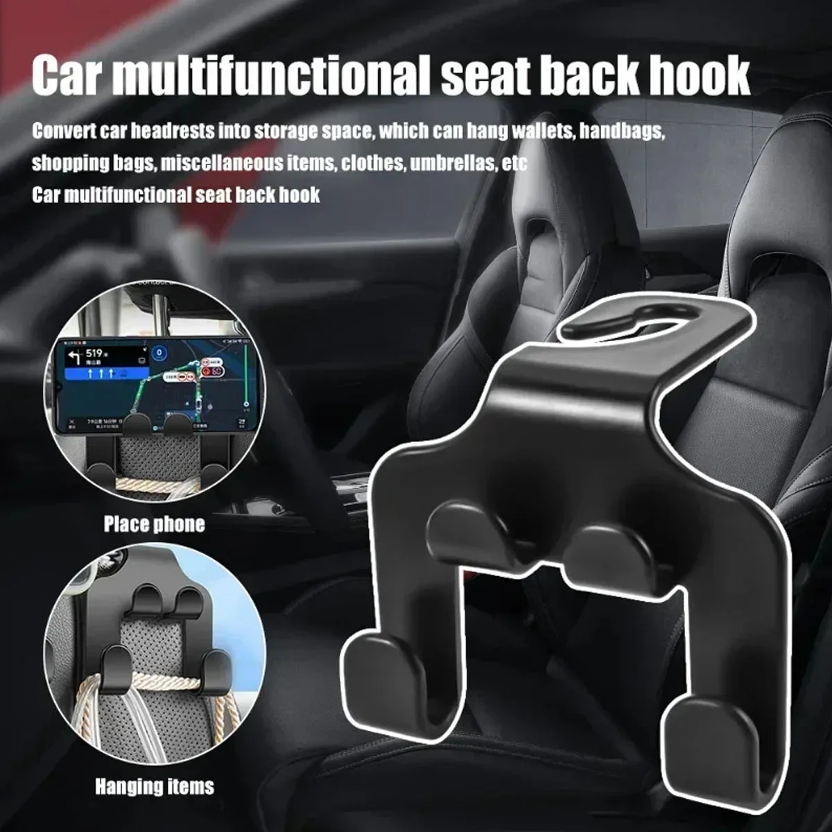 Car Safety Seat Headrest Hook with Four Hooks, Wallet Holder Hook for Car Organization and Storage