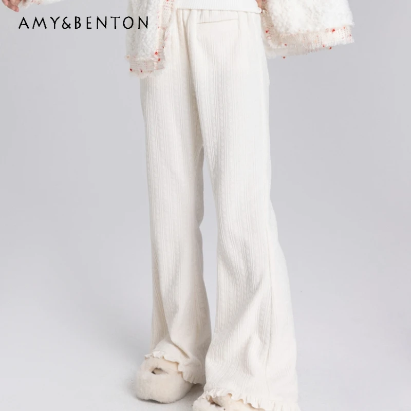 

2024 New Autumn and Winter White Black Sweet High Waist Knitted Wide Legs Loose and Thin Pants For Women