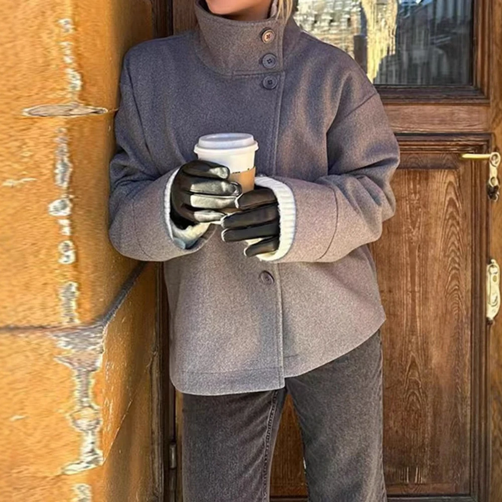 

Elegant Long Sleeve Woolen Coat For Women Button Up Stand Collar Autumn Winter New Arrival From Europe And America