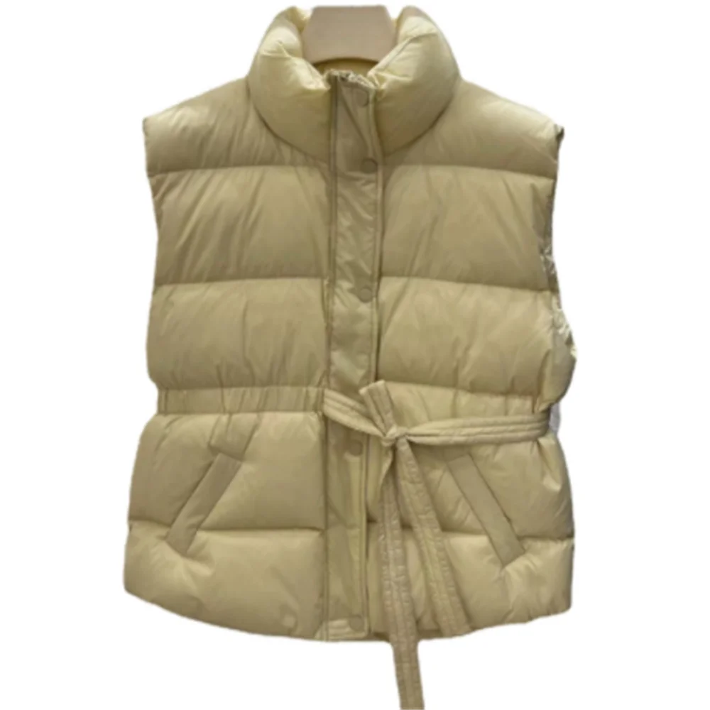 Witte Eendendons Vest Vrouwen Winter Nieuwe Losse Taille Tie Stand Kraag Korte Vest Jas