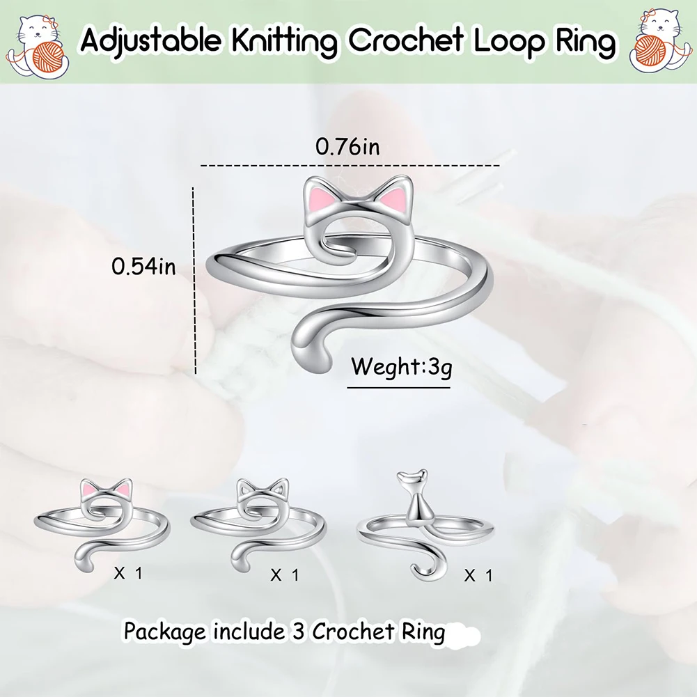 3Pcs Cat Shaped Crochet Ring Adjustable Knitting Rings